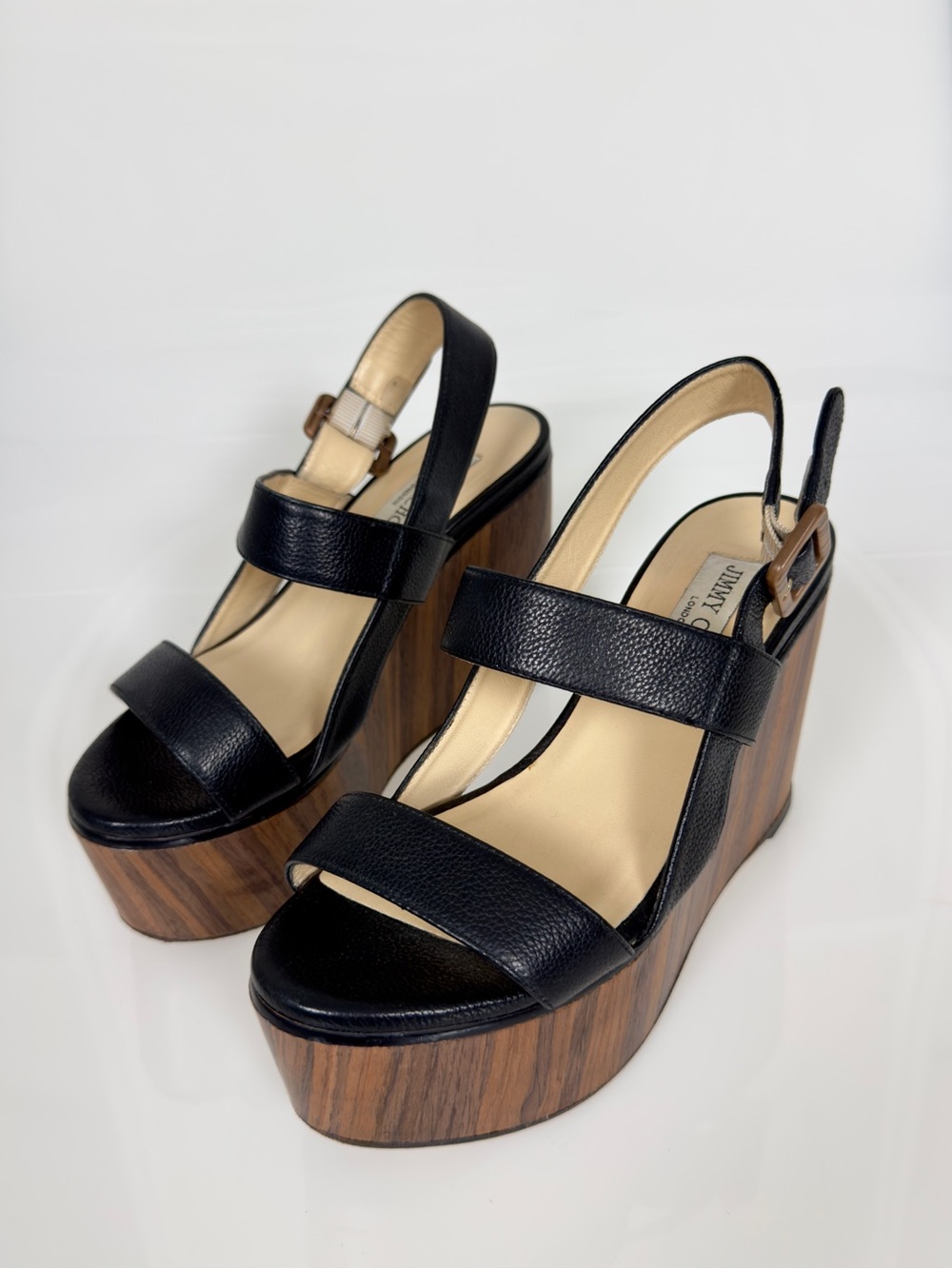 Jimmy Choo Black Leather Platform Wedge Sandals Wood Platform
